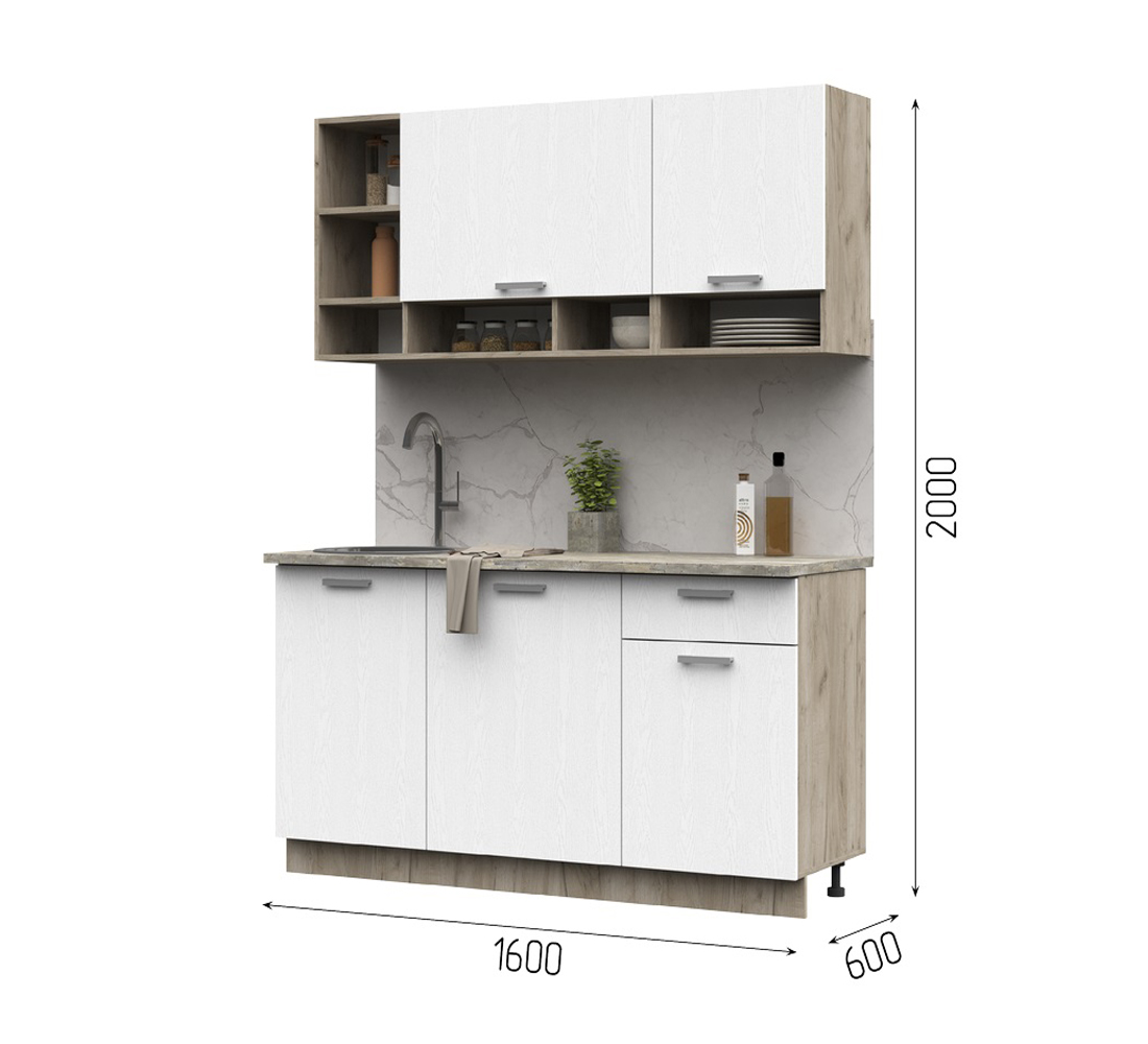 Кухня Рица 1,6м (50) белый/дуб крафт серый