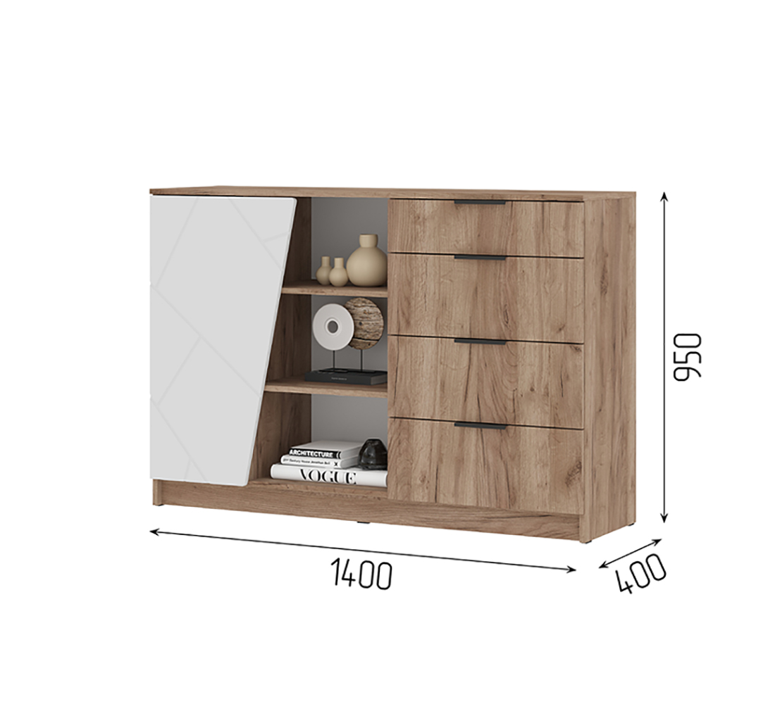 Орегон КМ 01 Комод 1400 (50) белый супермат /дуб крафт  табачный