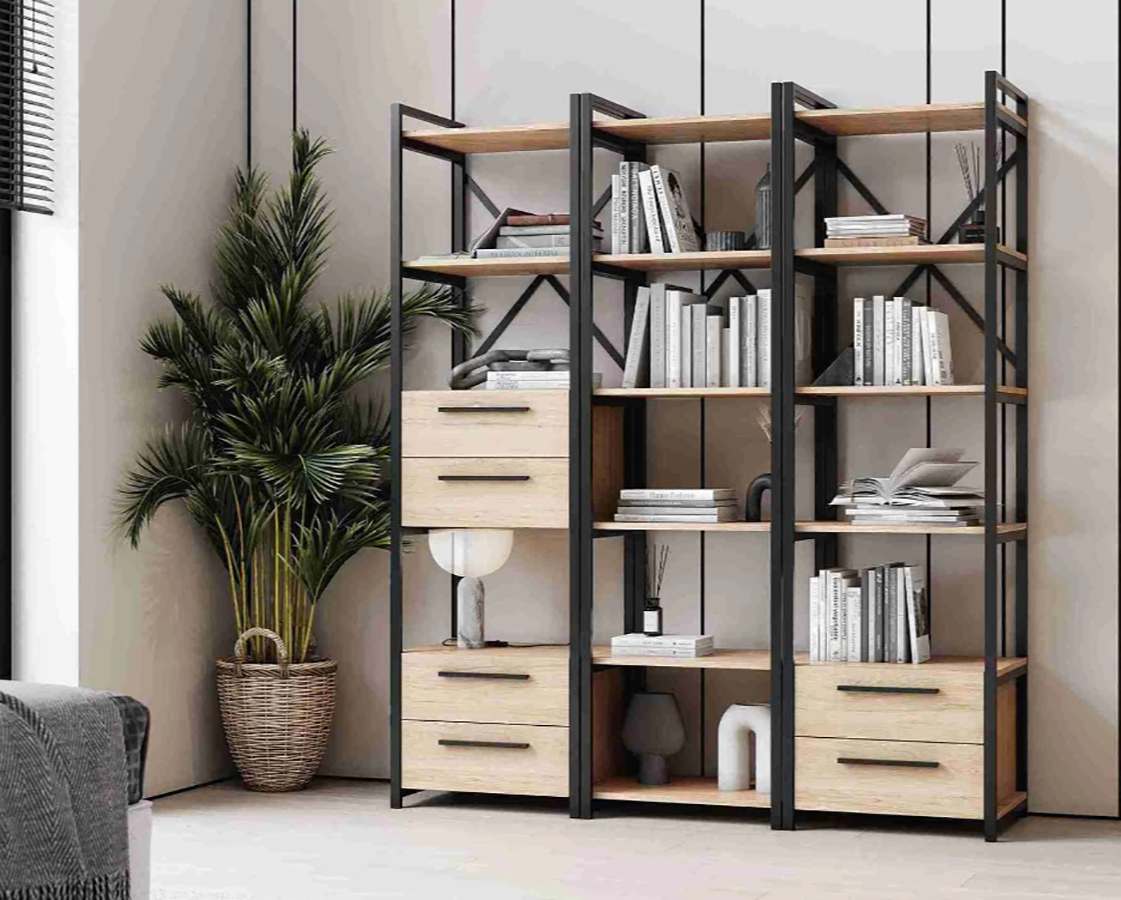 Бонн Стеллаж большой +3 комп. полок (02) черный/дуб светлый натуральный