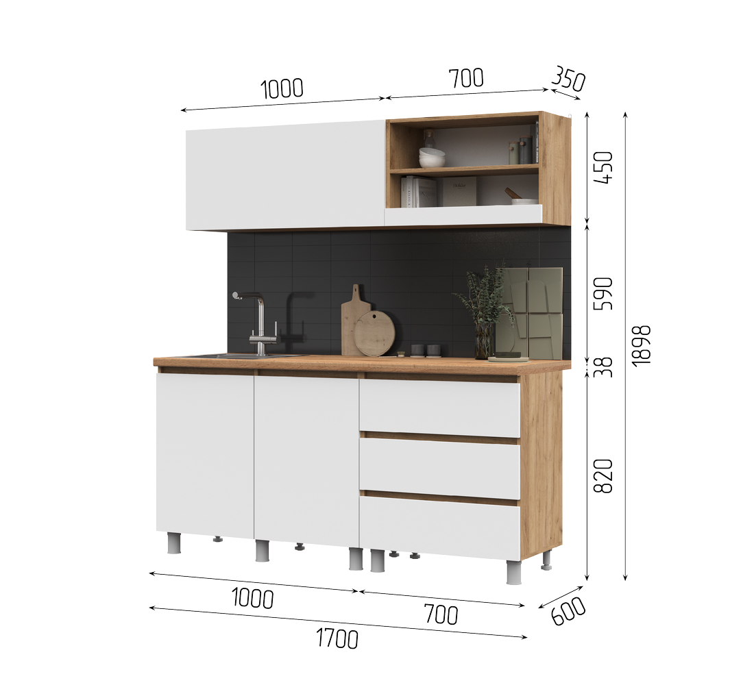 Кухня Хелен 1,7м (50) белый/дуб крафт золото