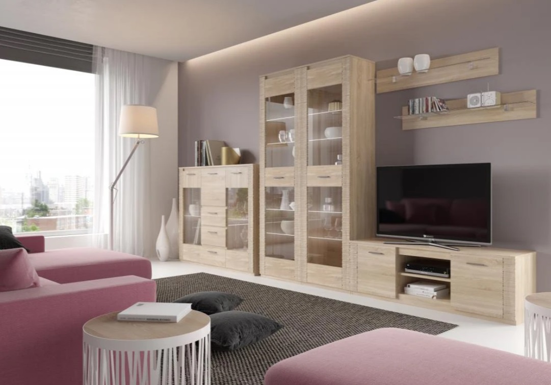 Элана гостиная шкаф-витрина (02) дуб сонома /дуб сонома светлый матовый