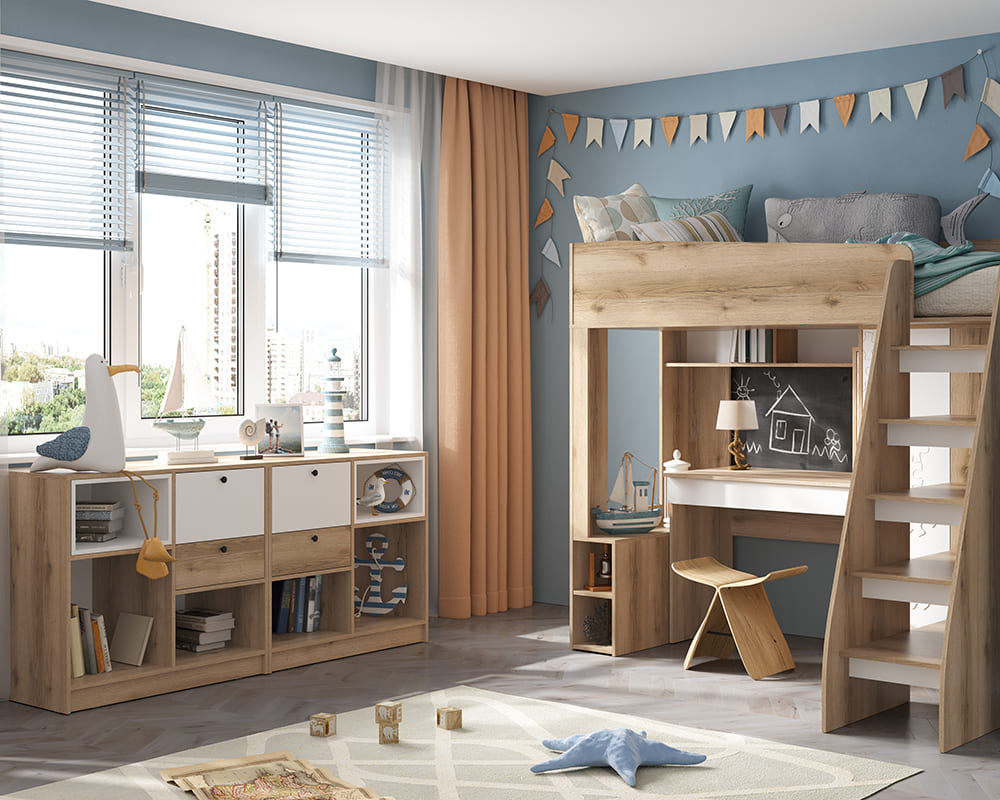 Киви КР-02 Кровать-чердак (50) белый суперматовый/дуб делано АКЦИЯ 26900