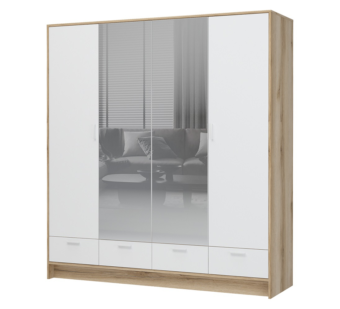 Ирис ШК-04 Шкаф 4-х ств с зеркалом (50) дуб крафт золото/белый шагрень Ирис ШК-04 Шкаф 4-х ств с зеркалом (50) дуб крафт золото/белый шагрень