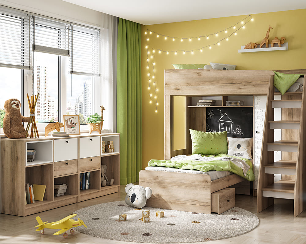 Киви КР-02 Кровать-чердак (50) белый суперматовый/дуб делано АКЦИЯ 26900